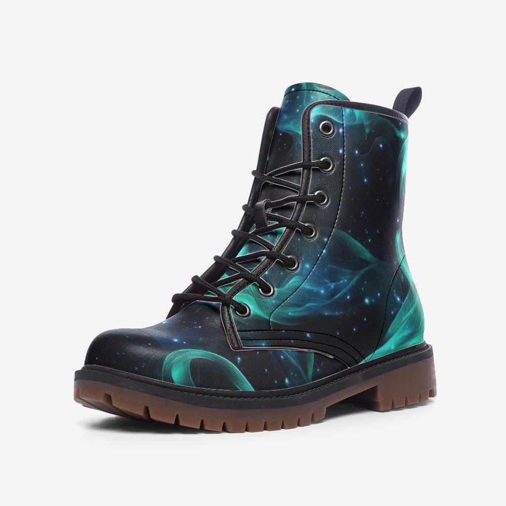 Galaxy Lace Up Boots, Teal Nebula Shoes, Cosmic Streetwear Footwear