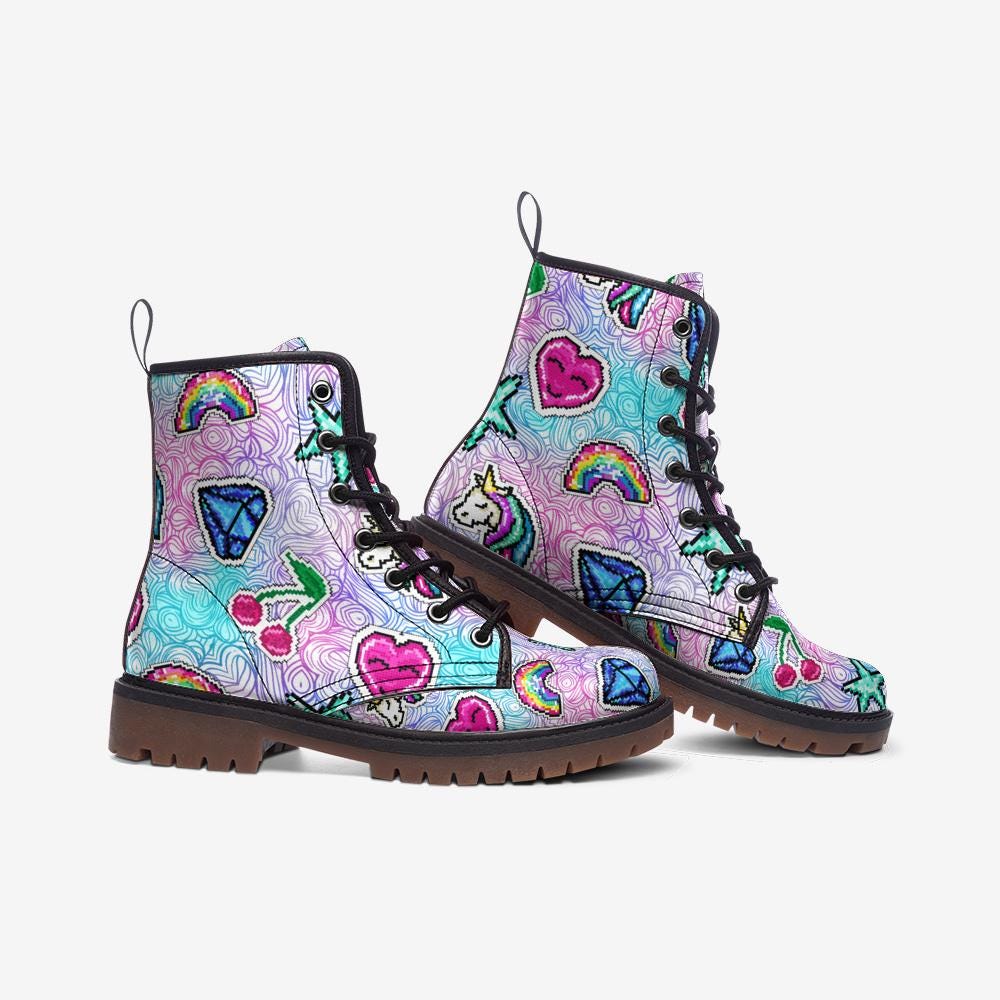 Kawaii Combat Boots, Pastel Rainbow Heart Shoes, Cute Y2K Aesthetic Footwear
