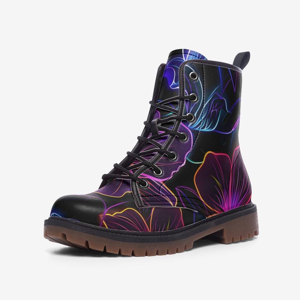 Floral Combat Boots, Neon Lace Up Festival Boots, Black Edgy Streetwear Shoes