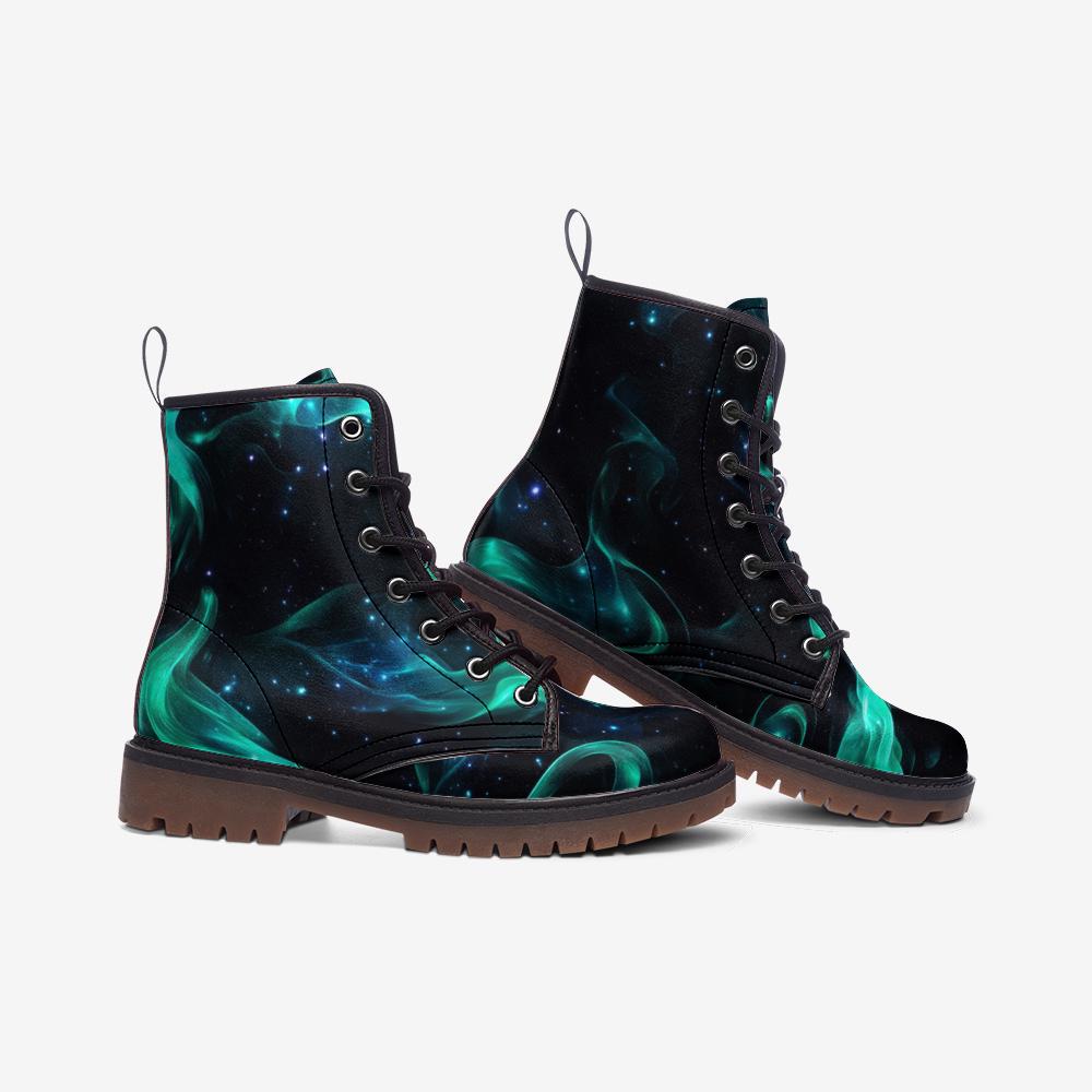 Galaxy Lace Up Boots, Teal Nebula Shoes, Cosmic Streetwear Footwear