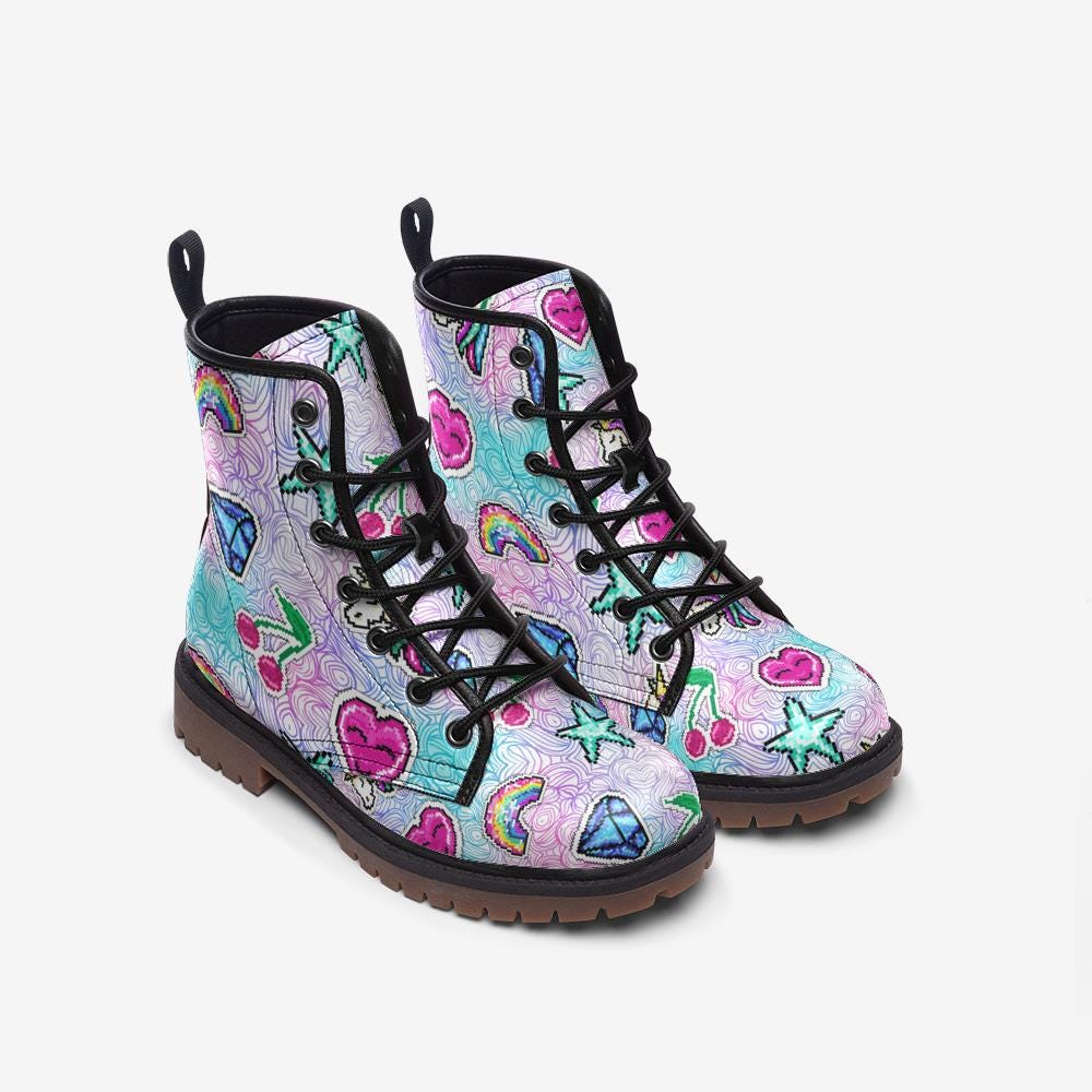 Kawaii Combat Boots, Pastel Rainbow Heart Shoes, Cute Y2K Aesthetic Footwear