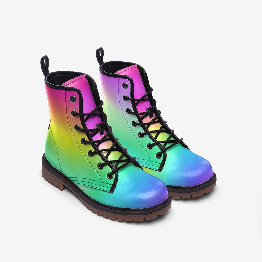 Rainbow Ombré Combat Boots, UV Reactive Festival Footwear, Astrocore Rave Shoes