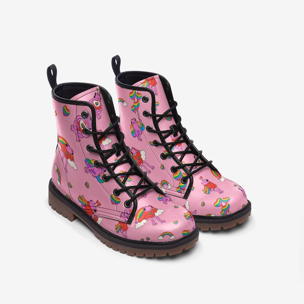 Kawaii Frog Lace Up Boots in Pink with Rainbow Print for Cute Dopamine Dressing