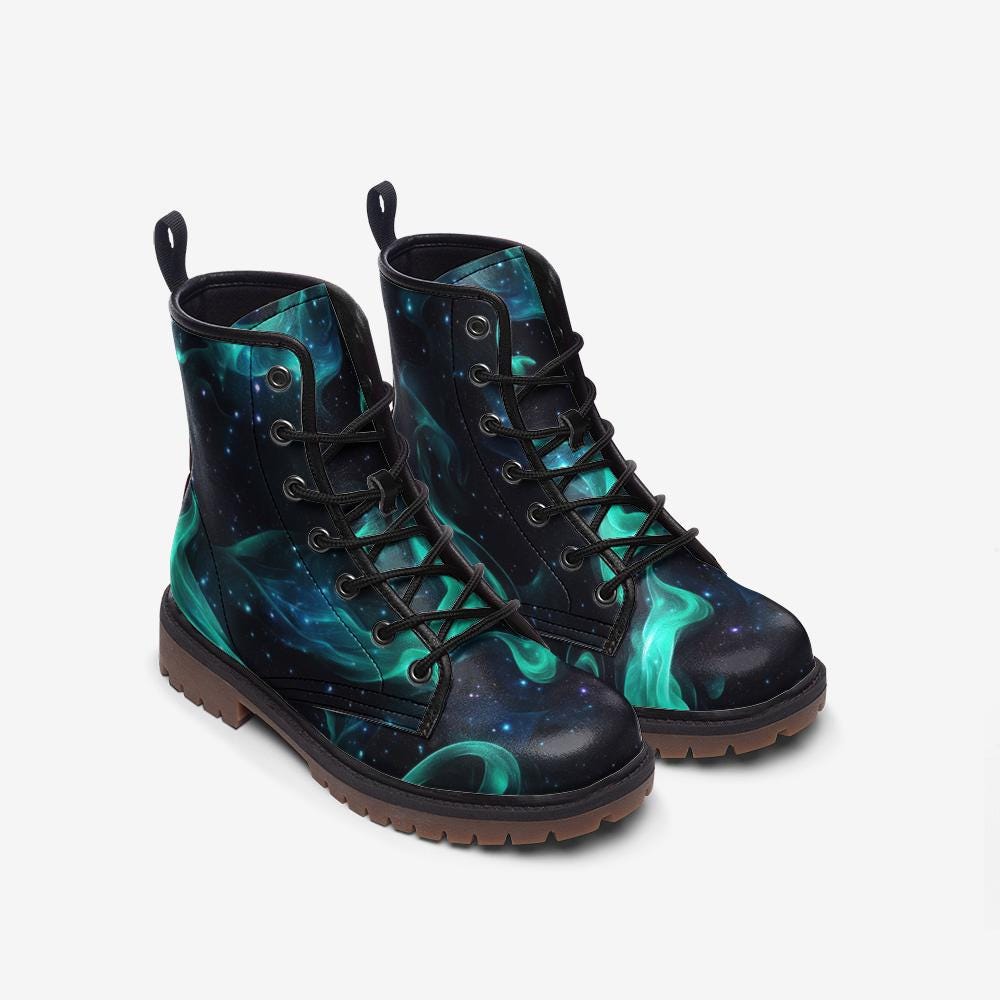Galaxy Lace Up Boots, Teal Nebula Shoes, Cosmic Streetwear Footwear