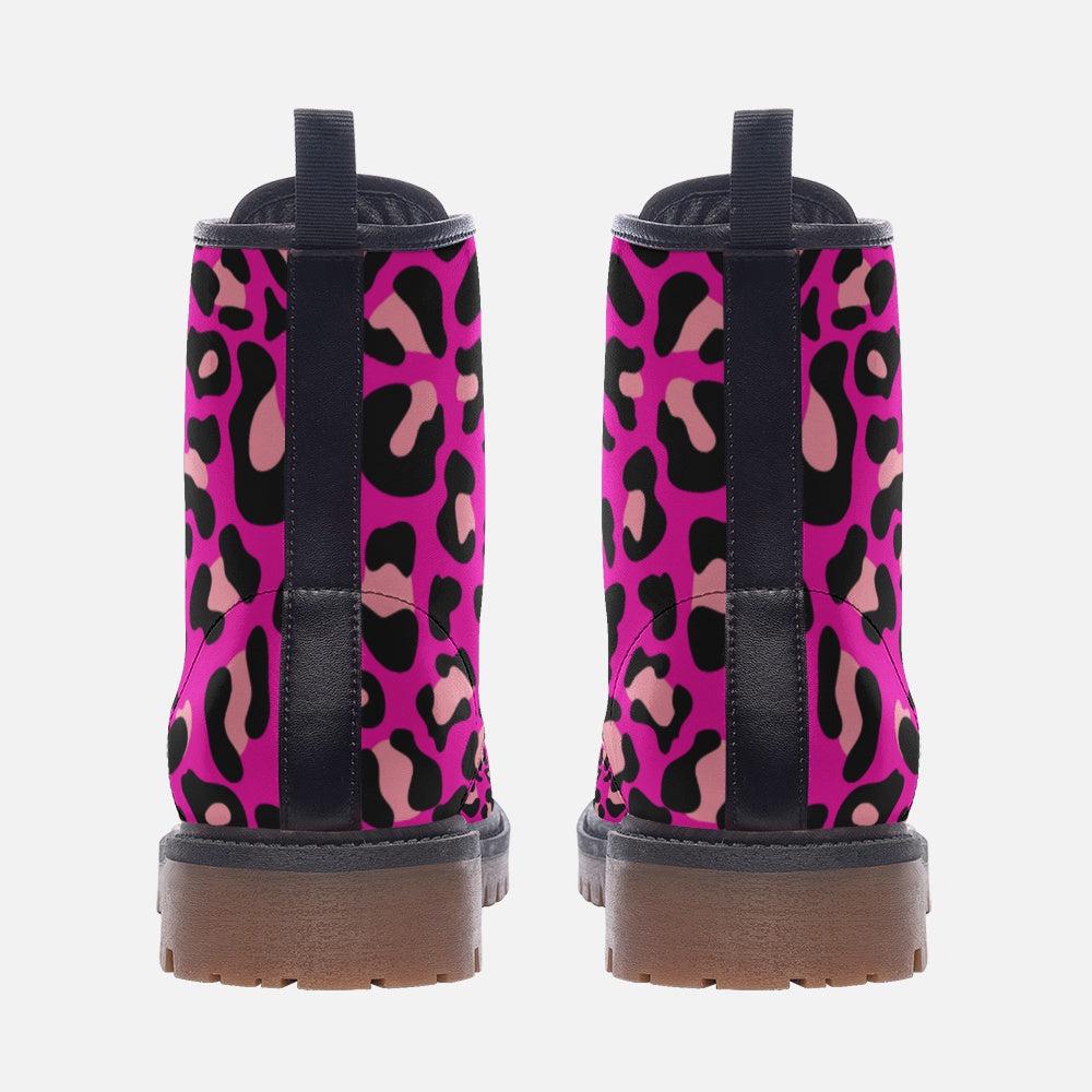 Hot Pink Leopard Combat Boots, Bold Punk Party Footwear for Alt Fashion