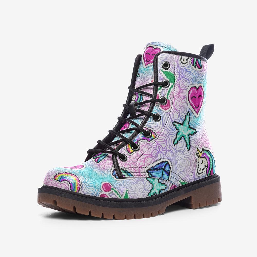 Kawaii Combat Boots, Pastel Rainbow Heart Shoes, Cute Y2K Aesthetic Footwear
