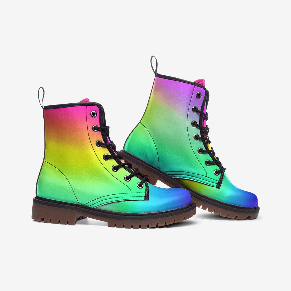 Rainbow Ombré Combat Boots, UV Reactive Festival Footwear, Astrocore Rave Shoes