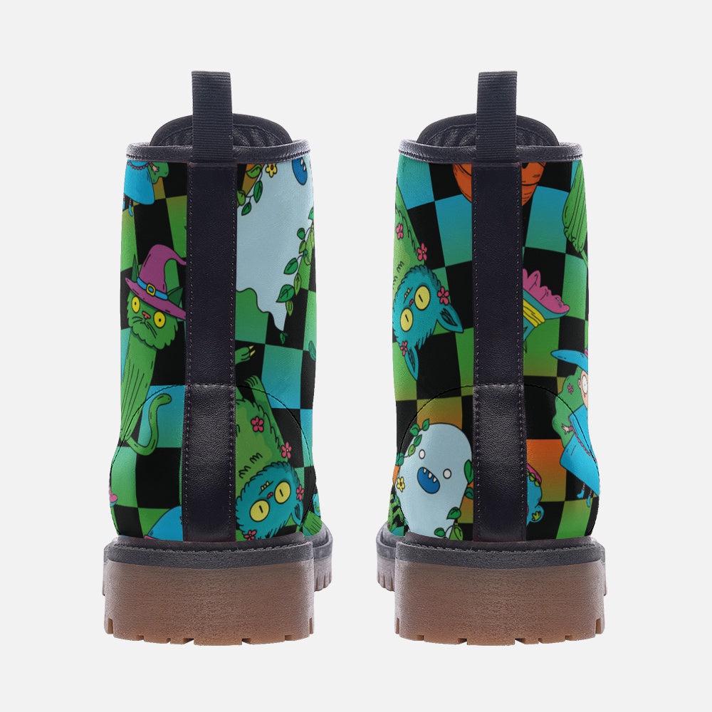 Halloween Checkerboard Boots Spooky Cute Pumpkin Ghost Goth Ankle Shoes