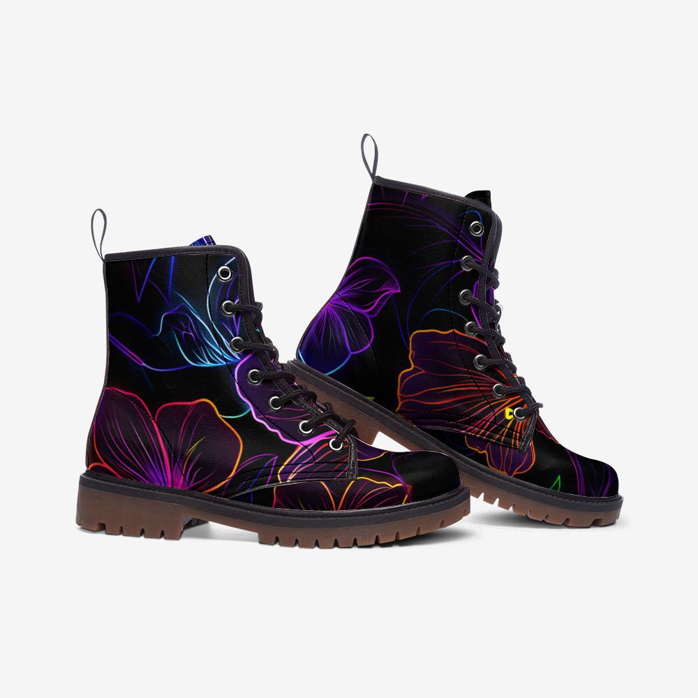 Floral Combat Boots, Neon Lace Up Festival Boots, Black Edgy Streetwear Shoes