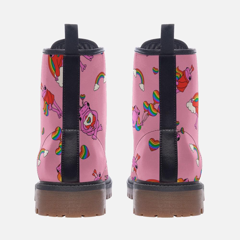 Kawaii Frog Lace Up Boots in Pink with Rainbow Print for Cute Dopamine Dressing