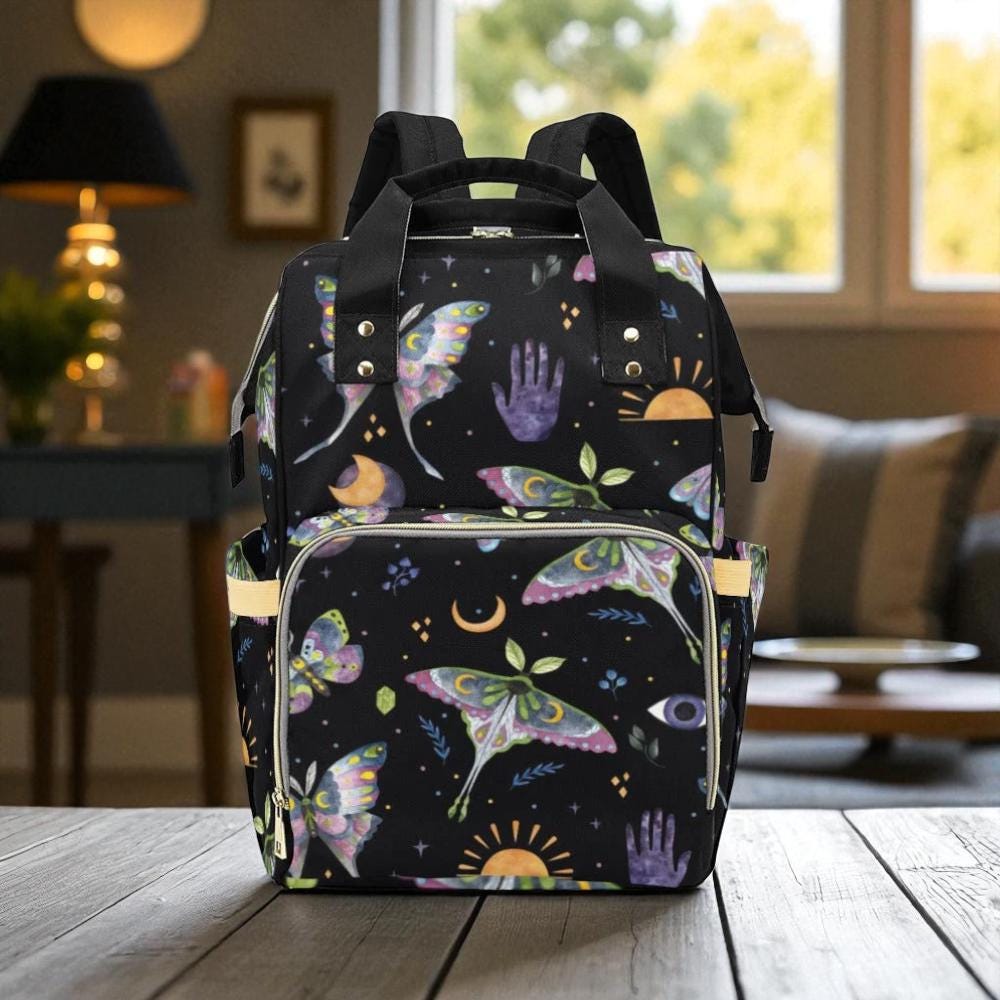 Celestial moth backpack, mystical diaper backpack, boho witch baby changing bag, lunar phases mom travel bag, astrology school backpack