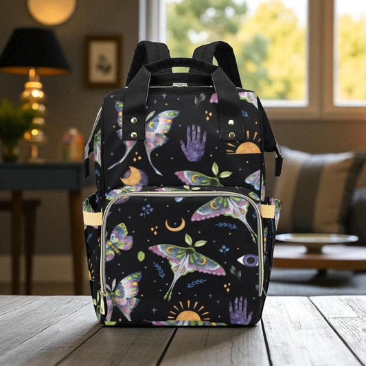 Celestial moth backpack, mystical diaper backpack, boho witch baby changing bag, lunar phases mom travel bag, astrology school backpack