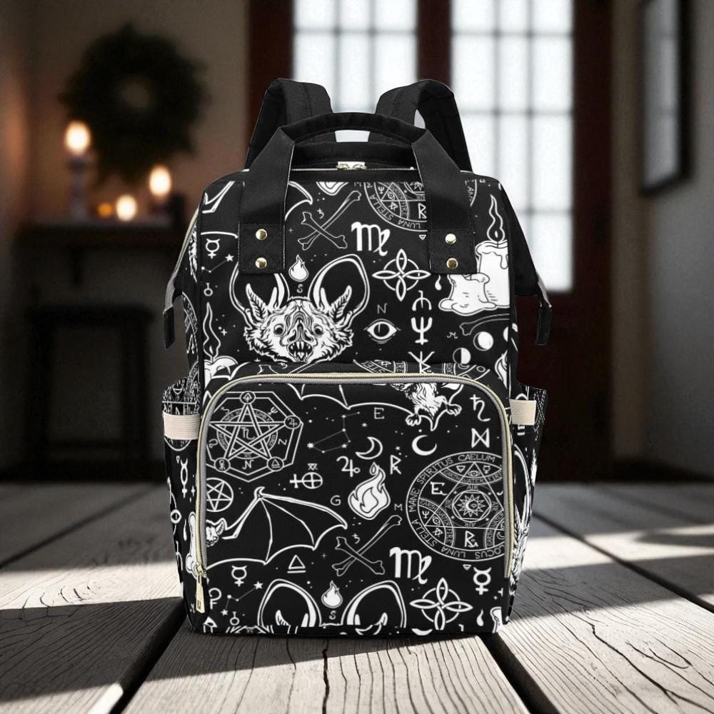Occult bat backpack, astrology diaper backpack, witchcraft baby changing bag, esoteric mom travel bag, mystical occult school backpack