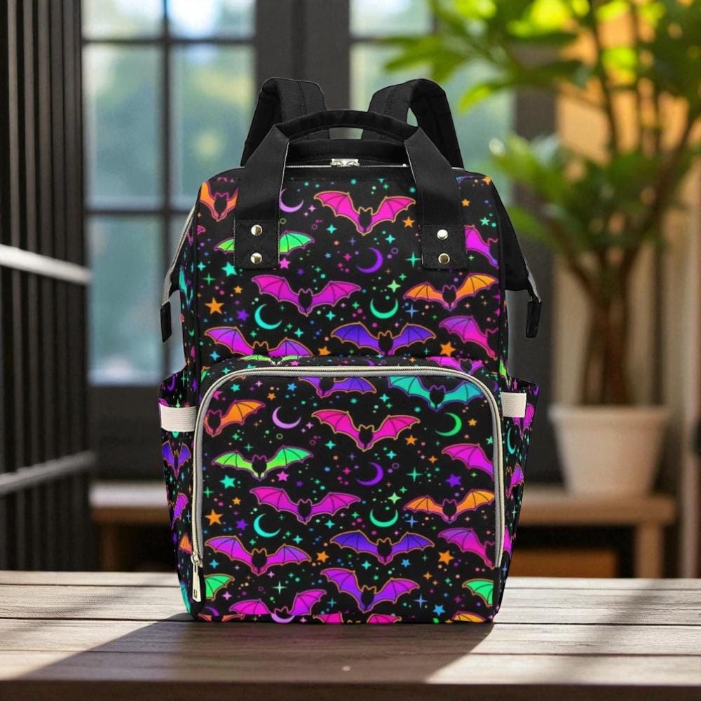 neon cat rave backpack, cyberpunk festival bag, luminous kitty satchel, kawaii neon accessory, glow in dark backpack, pastel cyber ravewear
