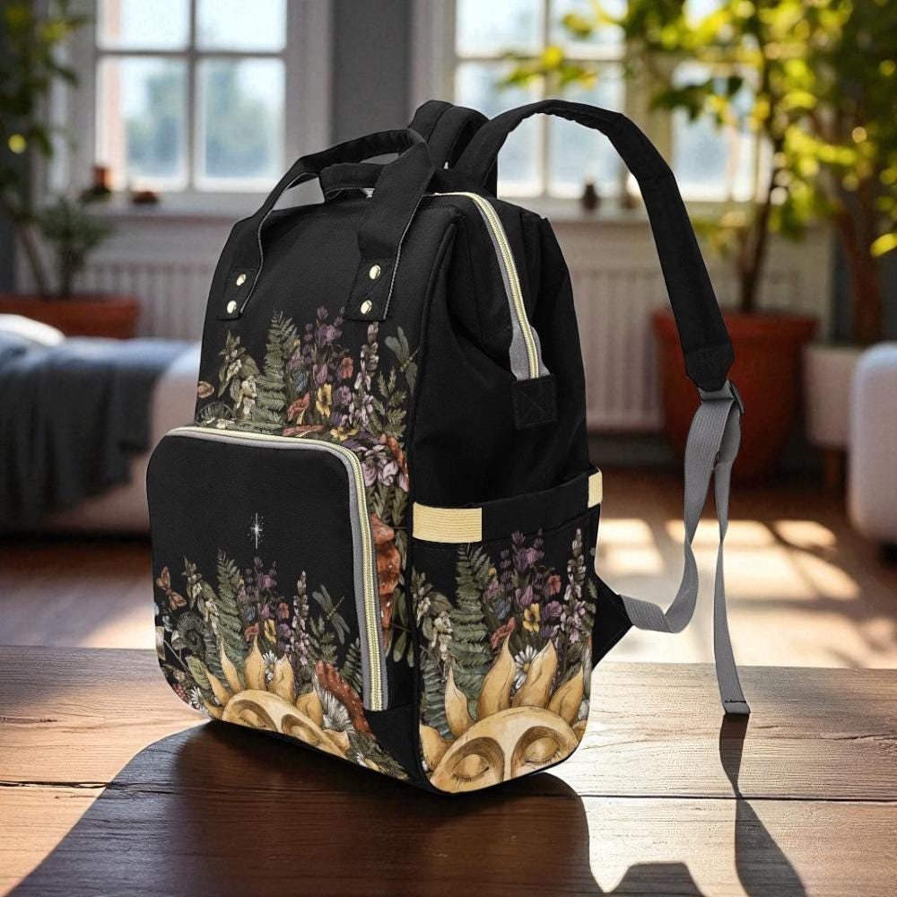 Sun and herbs backpack, celestial nature diaper bag, botanical witch travel backpack, herbal print school satchel,mystical celestial mom bag