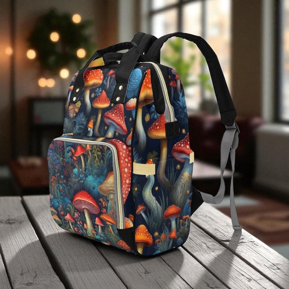 Mushroom forest backpack, enchanted fungi diaper bag, cottagecore mushroom travel backpack,fantasy woodland school satchel,fairycore mom bag