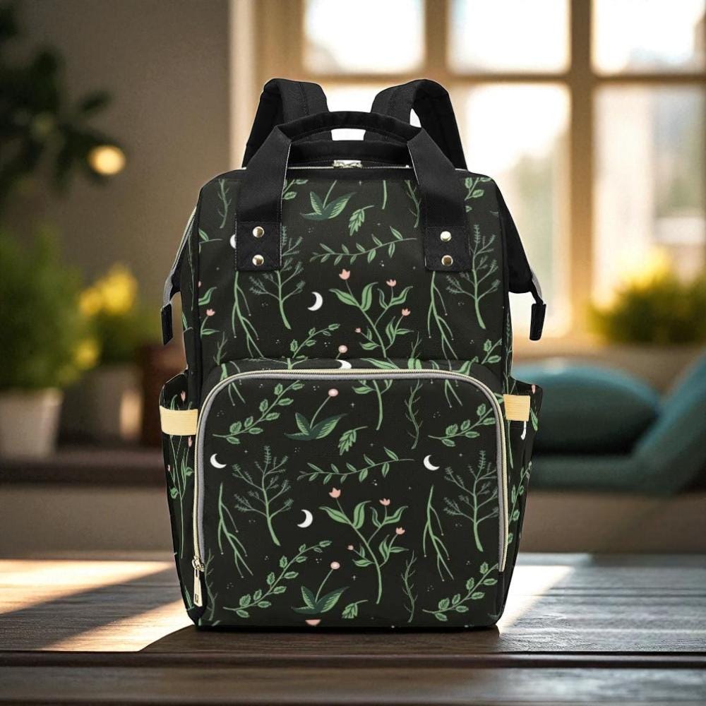 Botanical moon phases backpack, witchy diaper bag for moms, celestial plant print travel bag,cottagecore nature backpack,mystical school bag