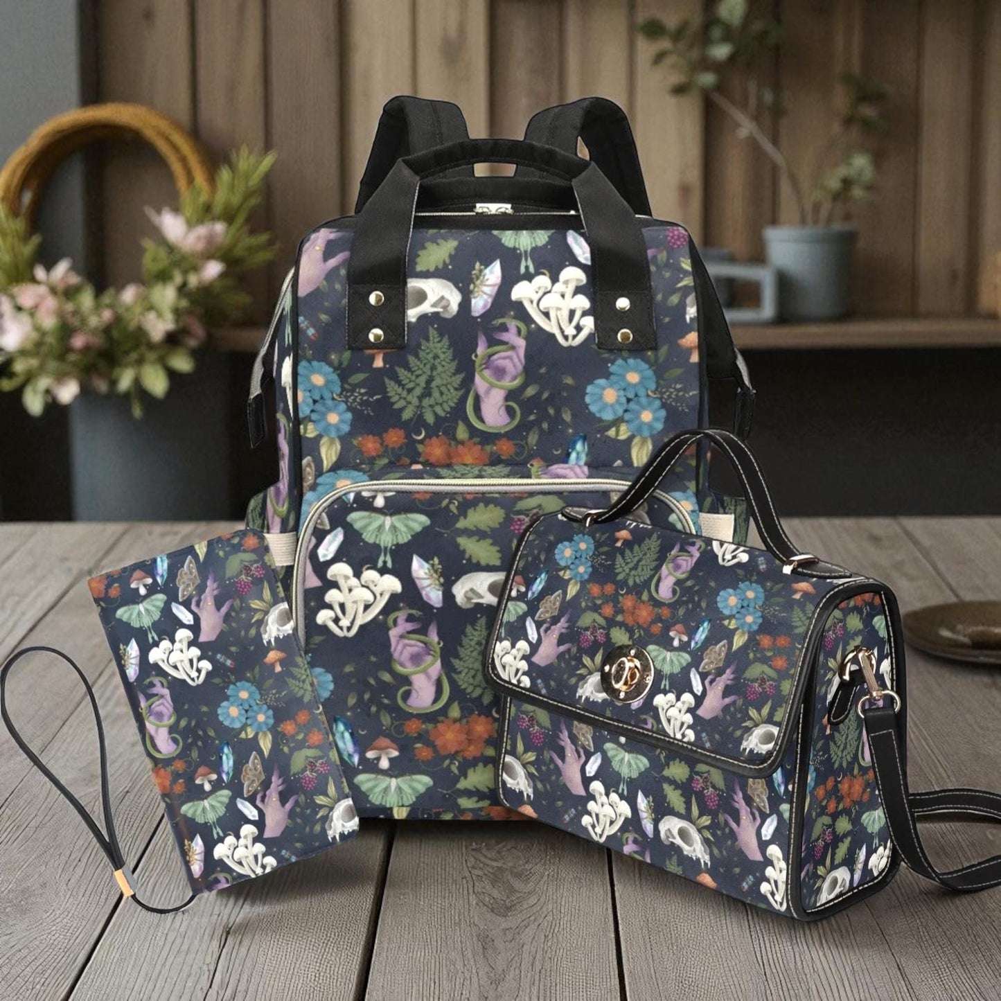 Enchanted forest skull backpack, cottagecore witchy diaper bag, mystical floral print baby bag, occult forestcore festival accessory