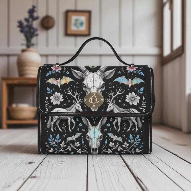 Gothic deer skull backpack, witchy floral diaper bag, dark forest antler bag, skull and flower backpack, pagan mom travel bag, spooky bag