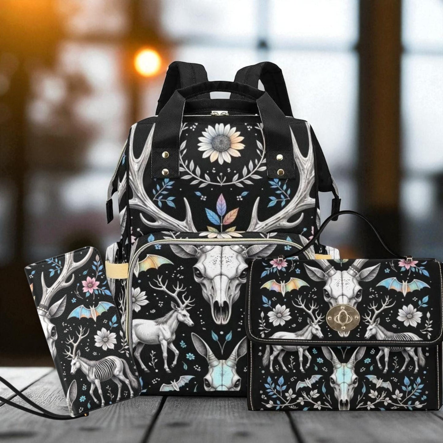 Gothic deer skull backpack, witchy floral diaper bag, dark forest antler bag, skull and flower backpack, pagan mom travel bag, spooky bag