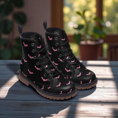 Pink bat combat boots, spooky lace up festival shoes, witchy vibe