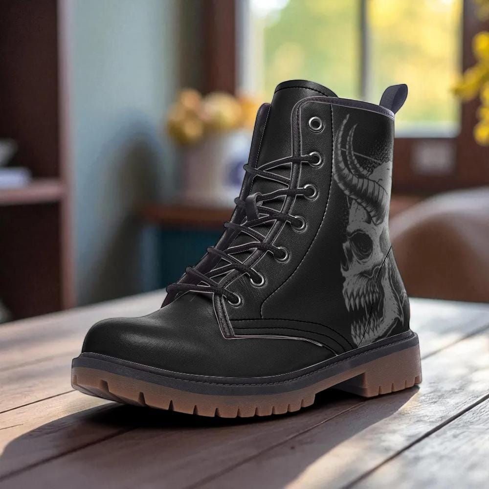 Gothic Skull Vegan Leather Combat Boots - Unisex Goth Lace-Up Ankle Boots