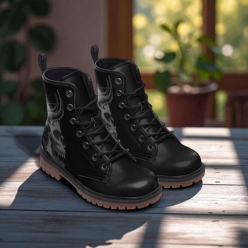 Gothic Skull Vegan Leather Combat Boots - Unisex Goth Lace-Up Ankle Boots