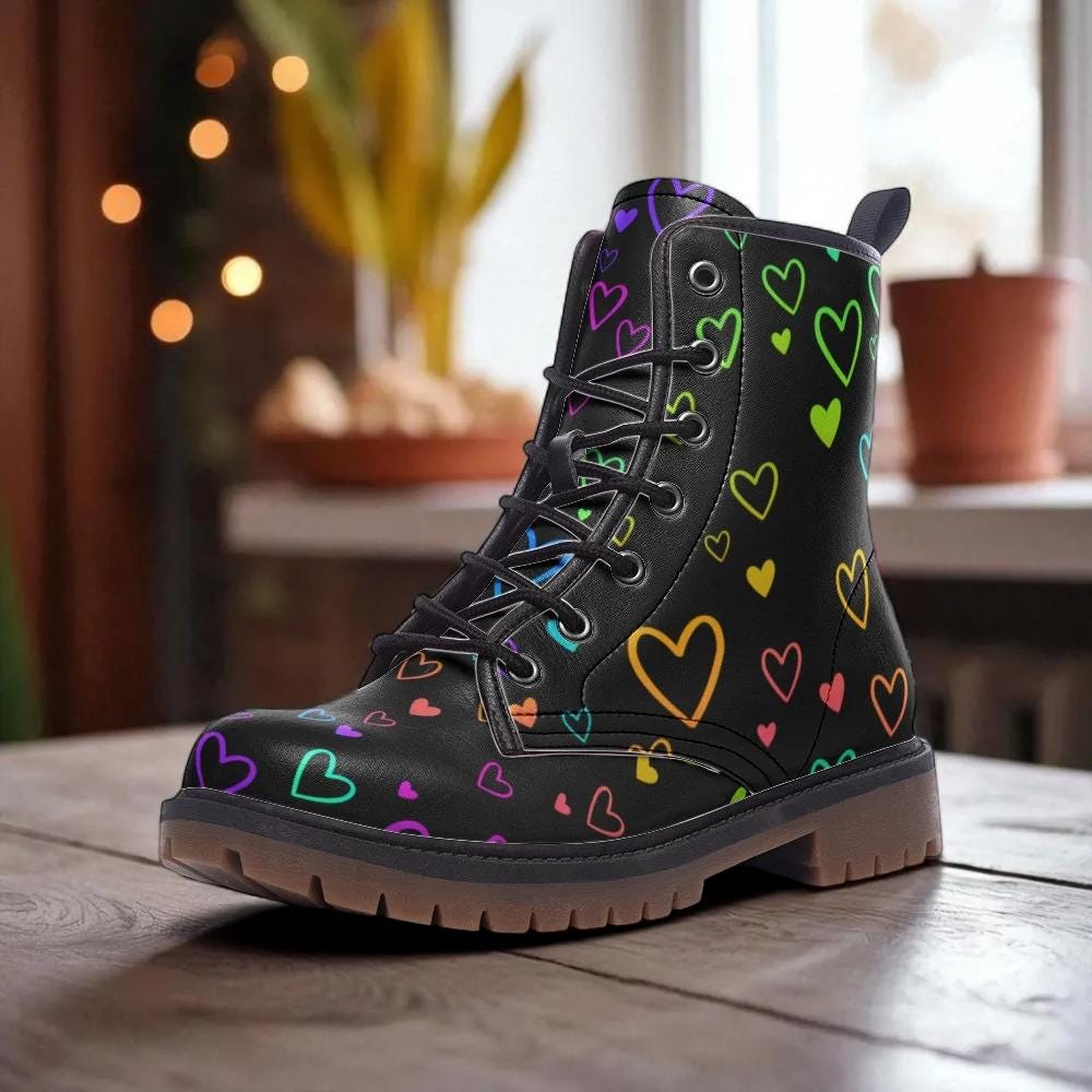 Rainbow heart combat boots, pride lace up rave shoes, pastel vibe