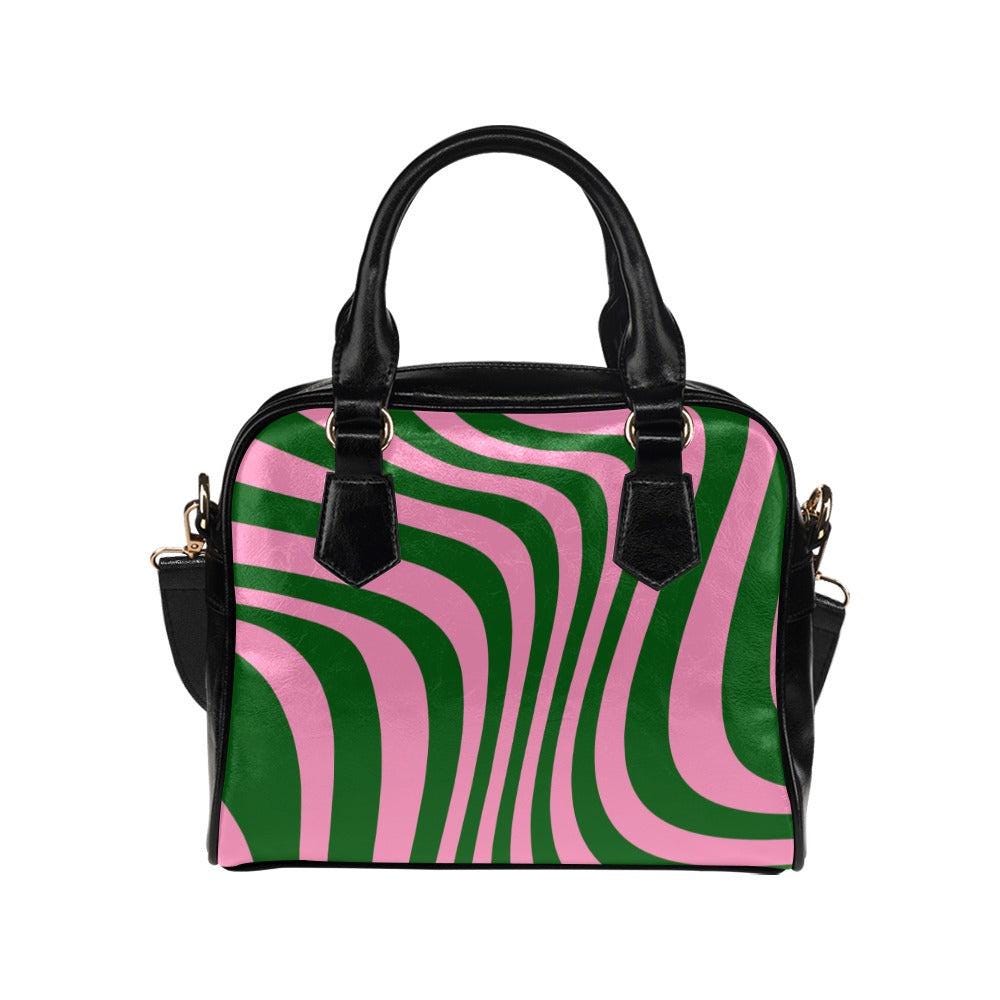 Groovy Wave Satchel, Pink Green Retro Purse, Mod Striped Crossbody Bag