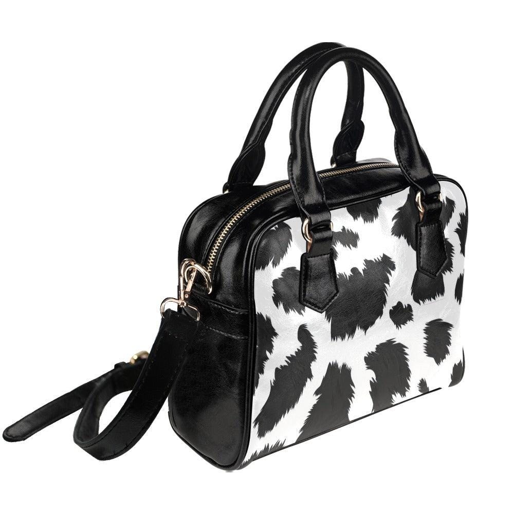 Cow Print Satchel Bag, Western Shoulder Purse, Black White Top Handle Handbag