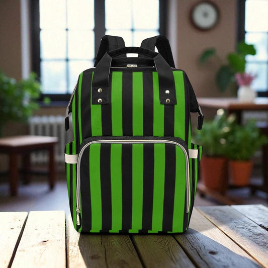 Green stripe backpack, punk festival diaper bag, alt fashion travel satchel, witchy striped school bag,enchanted cosplay stripe mom backpack