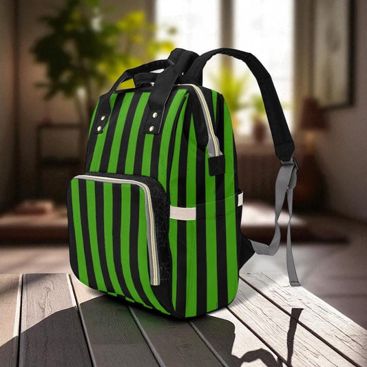 Green stripe backpack, punk festival diaper bag, alt fashion travel satchel, witchy striped school bag,enchanted cosplay stripe mom backpack