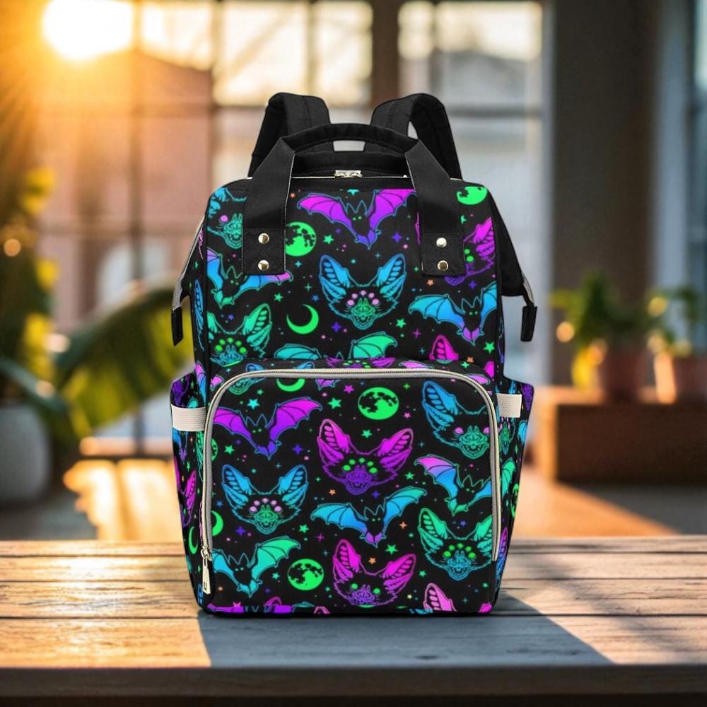 Neon Bat Print Backpack: Witchy Festival Rave Bag