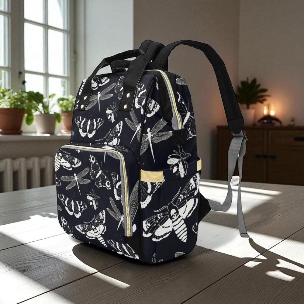 Black & White Moths Backpack: Witchy Academia Diaper Bag