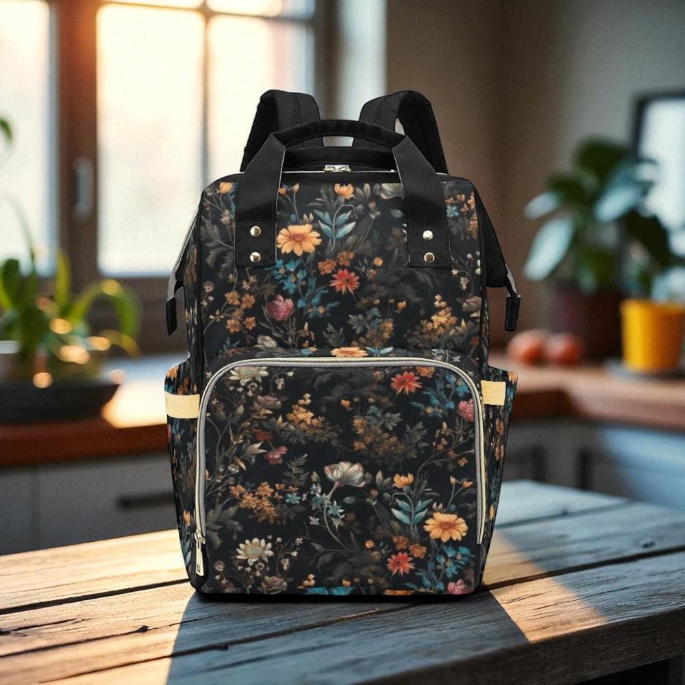 Dark floral vintage backpack, witchy garden diaper bag, enchanted academia satchel, mystical cottagecore travel bag, floral mom school gift