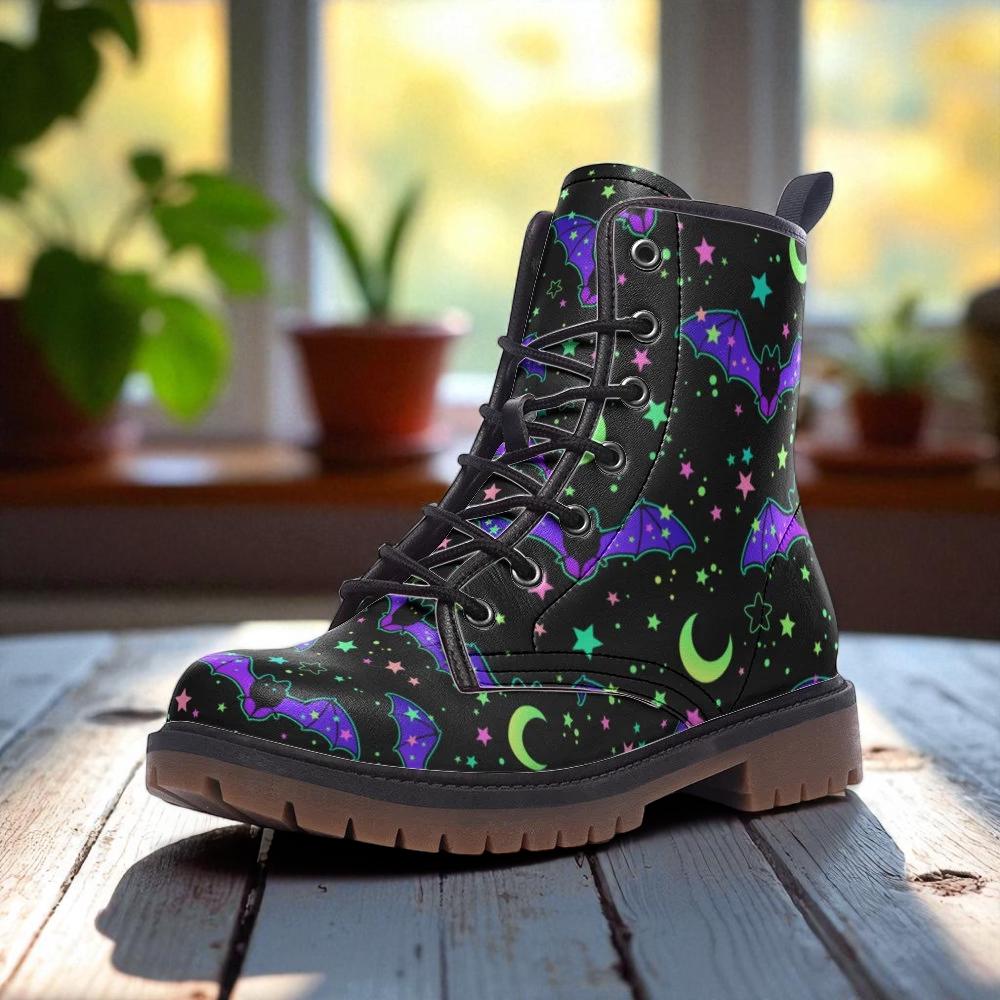 Neon bat combat boots, halloween rave lace up shoes, goth party cosplay boots, spooky neon festival footwear, quirky bat print boots
