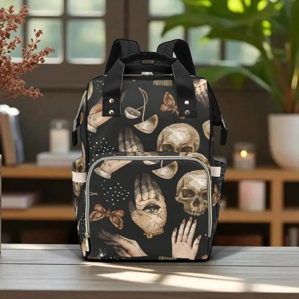 Occult skull hands backpack, witchy palmistry diaper bag, dark academia school bag