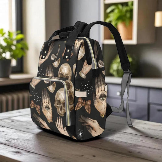 Occult skull hands backpack, witchy palmistry diaper bag, dark academia school bag