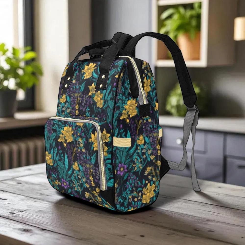 Dark floral print backpack, witchy botanical bag, cottagecore school bag