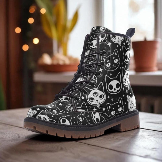 Witchy Cat Combat Boots, Occult Skull Pattern Shoes, Alternative Style