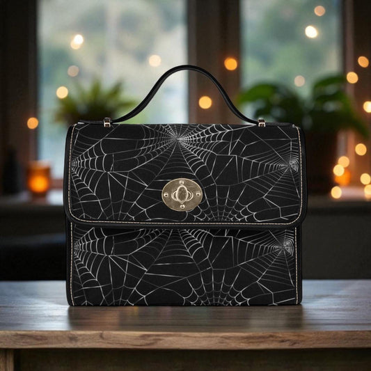 Spiderweb Gothic Purse, Canvas Satchel bag, Vegan Goth Bag, Halloween Costume Adult Cosplay, Cute Black Witch women cross body purse