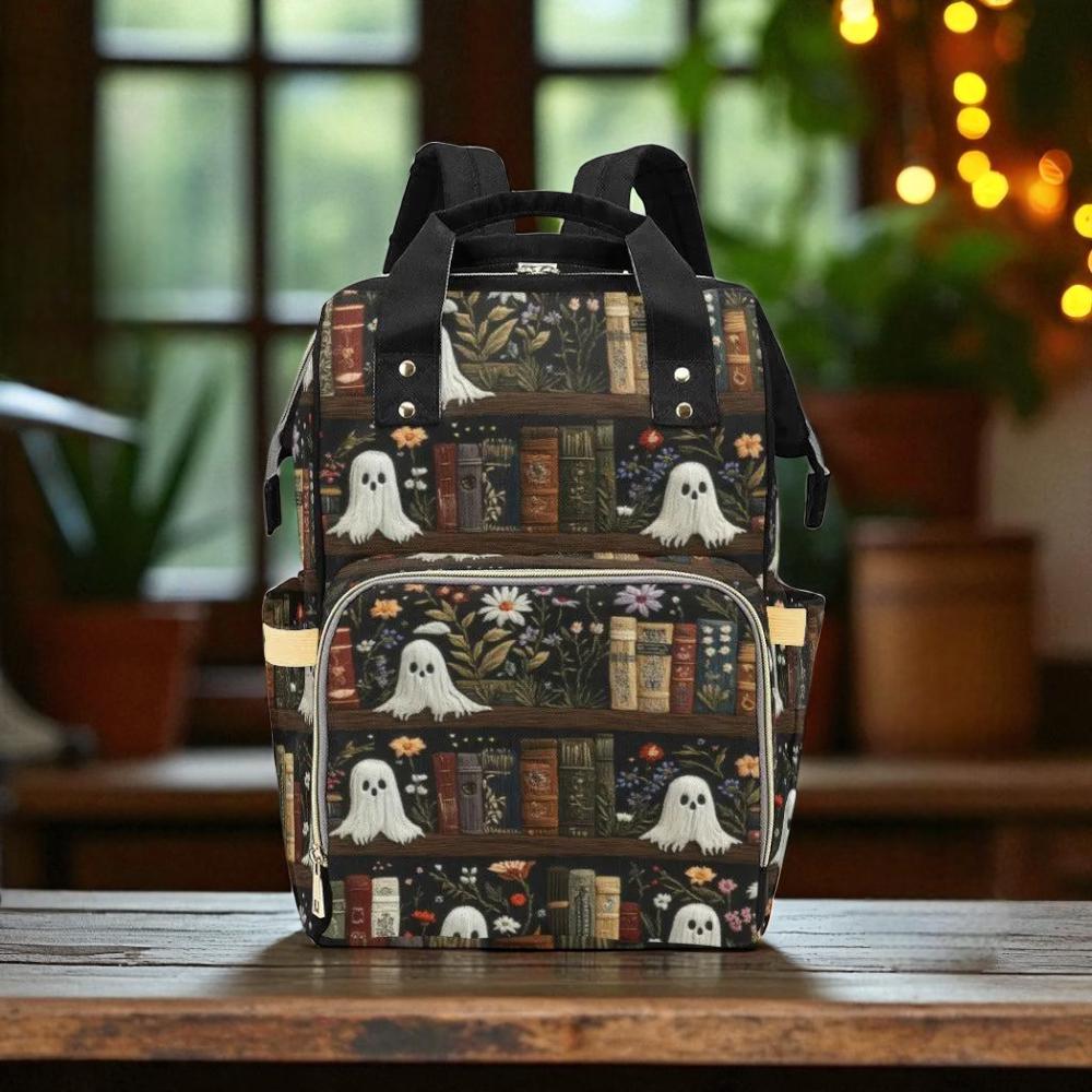 Ghost Book Backpack, Spooky Floral Diaper Bag for Goth Moms, Witchy Baby Travel Backpack, Cute Bookworm Bag, Halloween Gift for Her