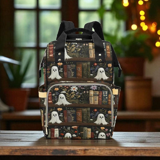 Ghost Book Backpack, Spooky Floral Diaper Bag for Goth Moms, Witchy Baby Travel Backpack, Cute Bookworm Bag, Halloween Gift for Her