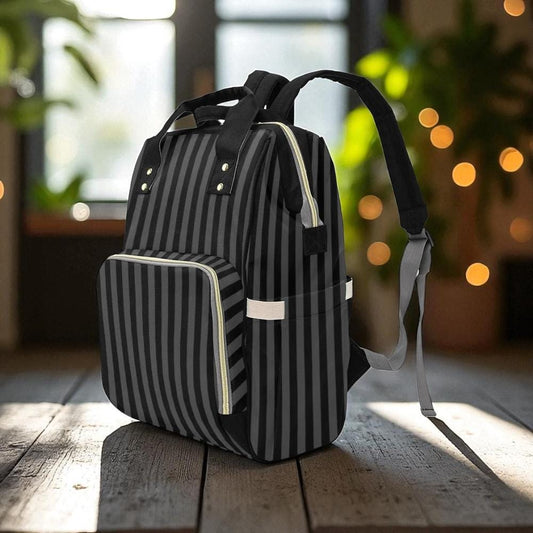 Black Striped Backpack, Gothic Diaper Bag, Dark Academia Organizer, Witchy Mom Tote, Alternative Baby Gear,Elegant Goth Gift,Goth Travel Bag