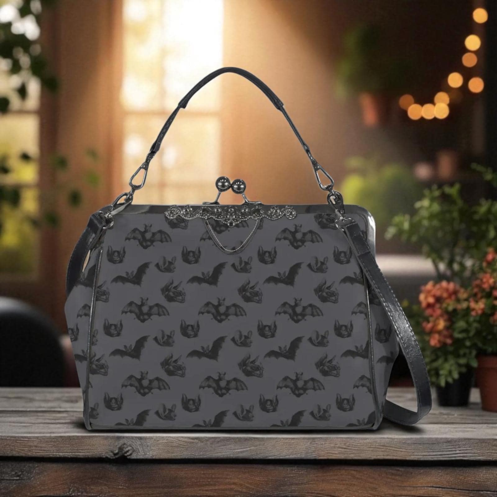 Midnight bat flight handbag, eerie night creature purse, spooky clasp shoulder bag, vintage bat silhouette accessory, dusk print satchel
