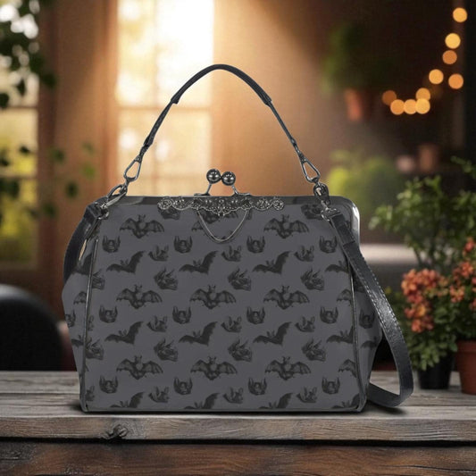 Midnight bat flight handbag, eerie night creature purse, spooky clasp shoulder bag, vintage bat silhouette accessory, dusk print satchel