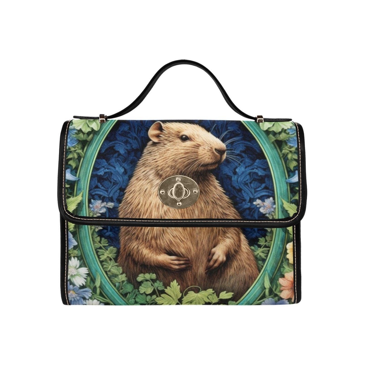 Capybara Satchel Purse, Botanical Animal Handbag, Cottagecore Top Handle Bag