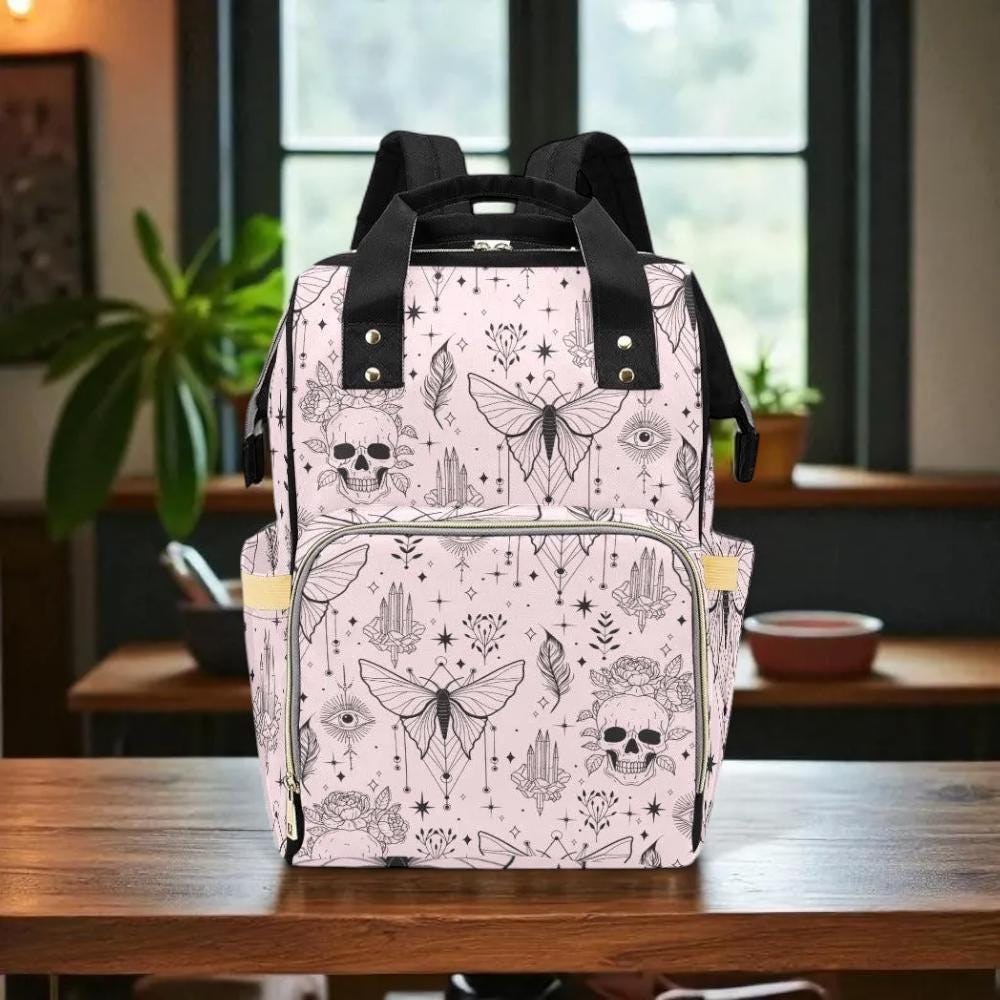 Pink Occult Backpack with Skulls and Moths Witchy Teacher School Bag