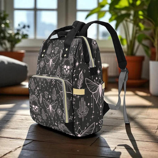 Moth Skull Backpack, Witchy Occult Diaper Bag, Gothic Alternative Travel Pack