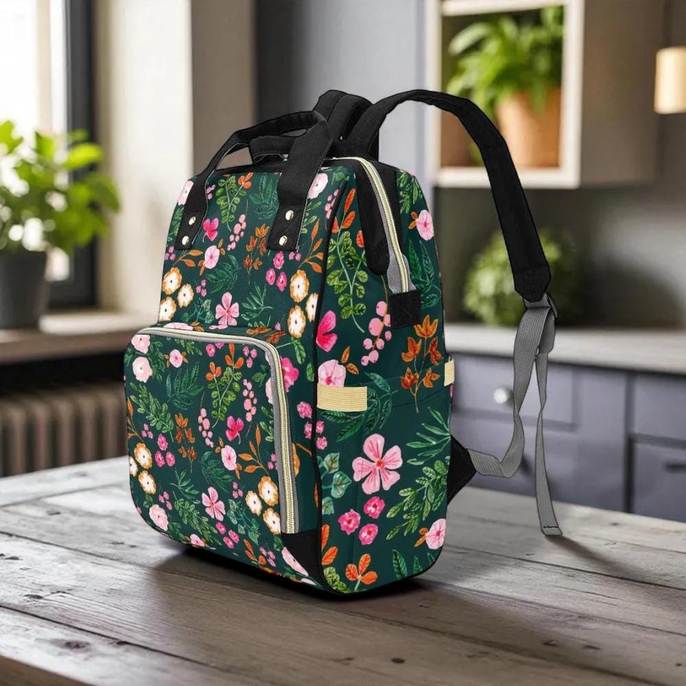 Floral Backpack Dark Green Botanical School Bag Teacher Mom Gift